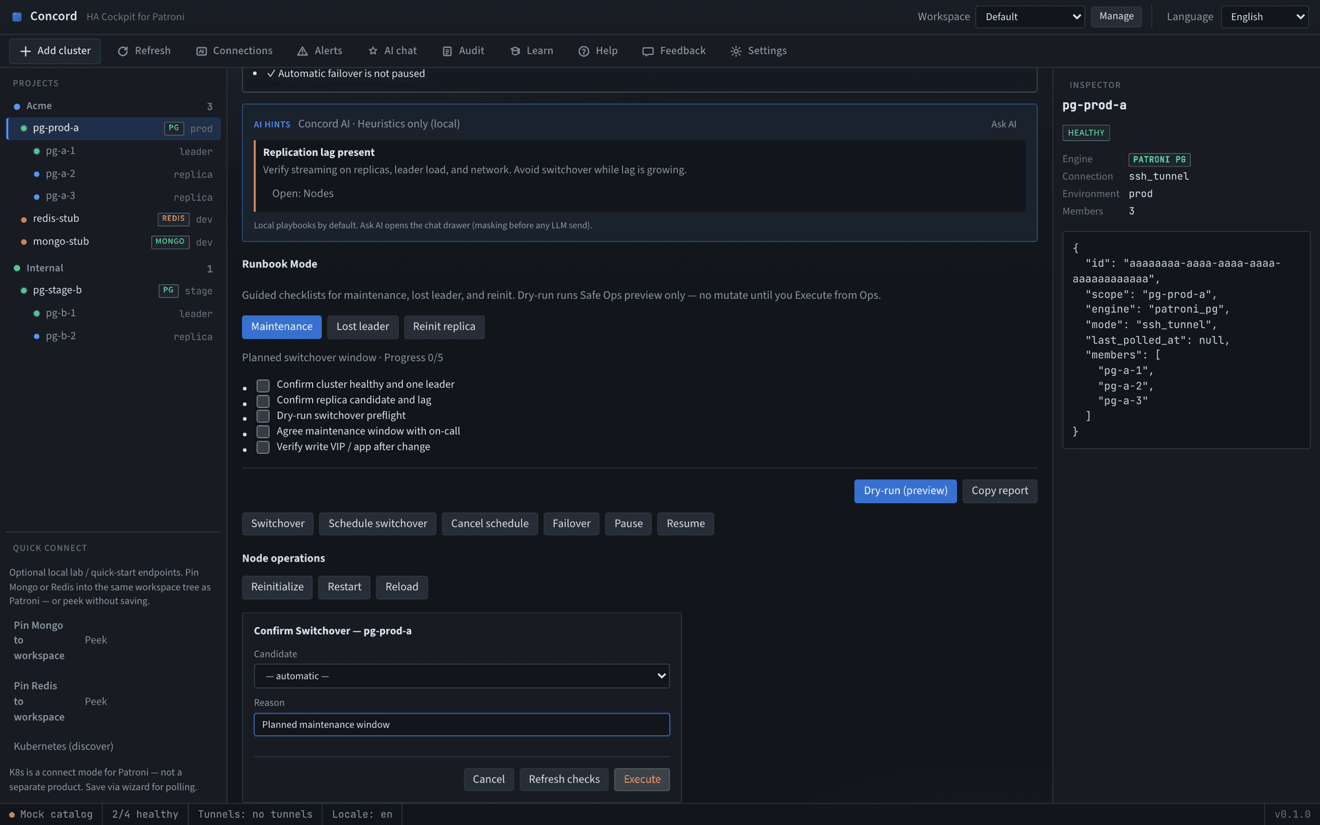 Concord Safe Ops confirm dialog for a switchover, requiring a typed reason before it executes