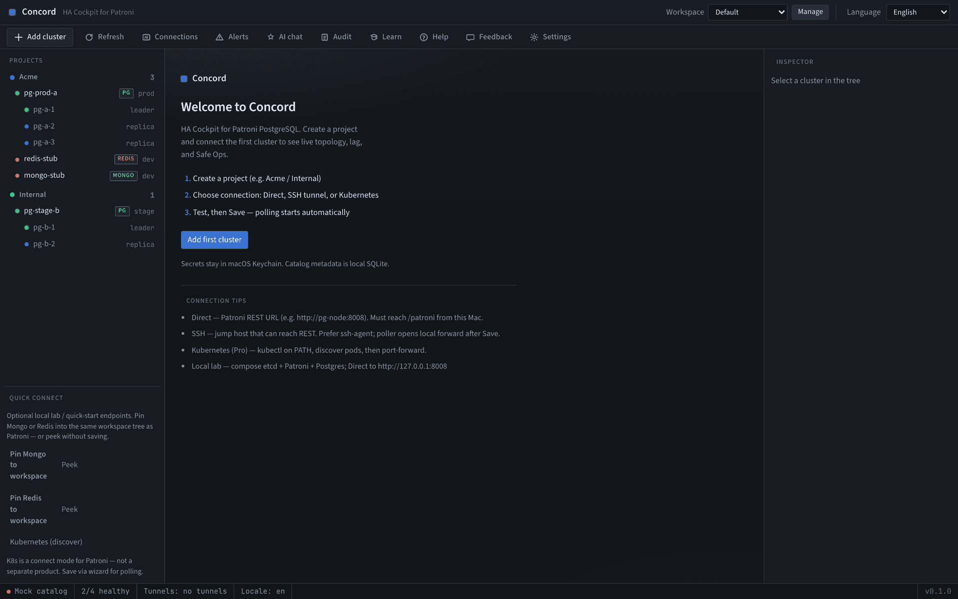Concord welcome screen on first launch — empty workspace before any Patroni cluster is connected